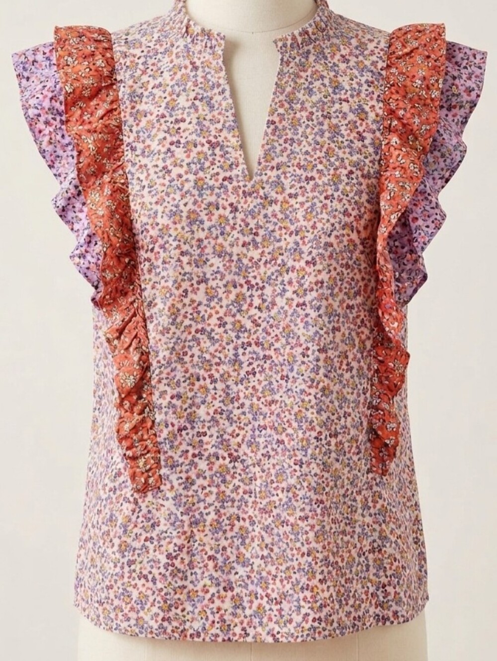 Ann Taylor Floral Ruffled V-Neck Sleeveless Top Cotton Ditzy Print Blouse - Picture 1 of 14